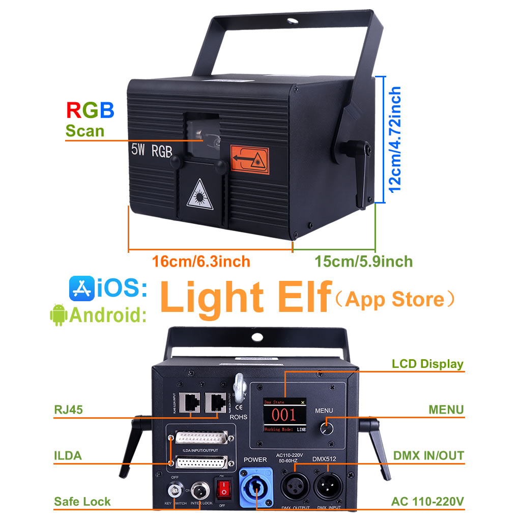 Pro Android / iOS APP Bluetooth Control 5W RGB Animation Scan Beam Projector La ser Lights ILDA DMX512 For DJ Disco Party Show Stage Lighting