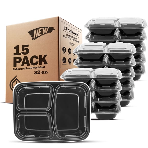 Recipientes para preparación de comidas Freshware, paquete de 15, 3 compartimentos, 960 ml