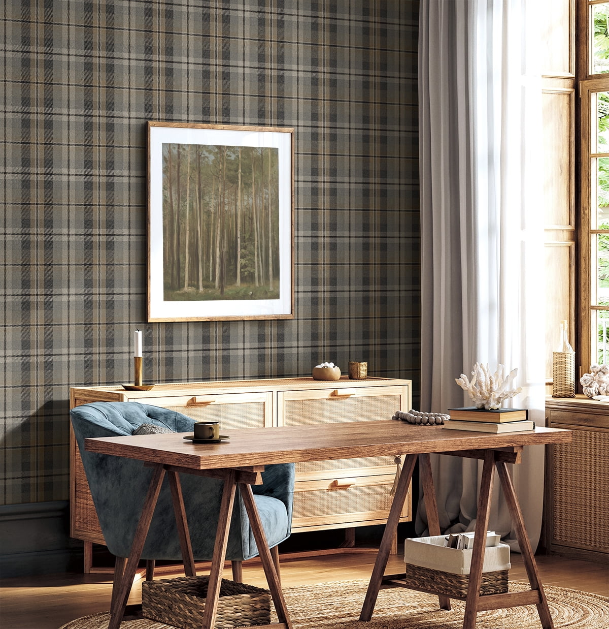 Harry & Grace Cliffside Thornbury Tailored Plaid Peel and Stick Wallpaper - 20.5 in. W x 18 ft. L Roll