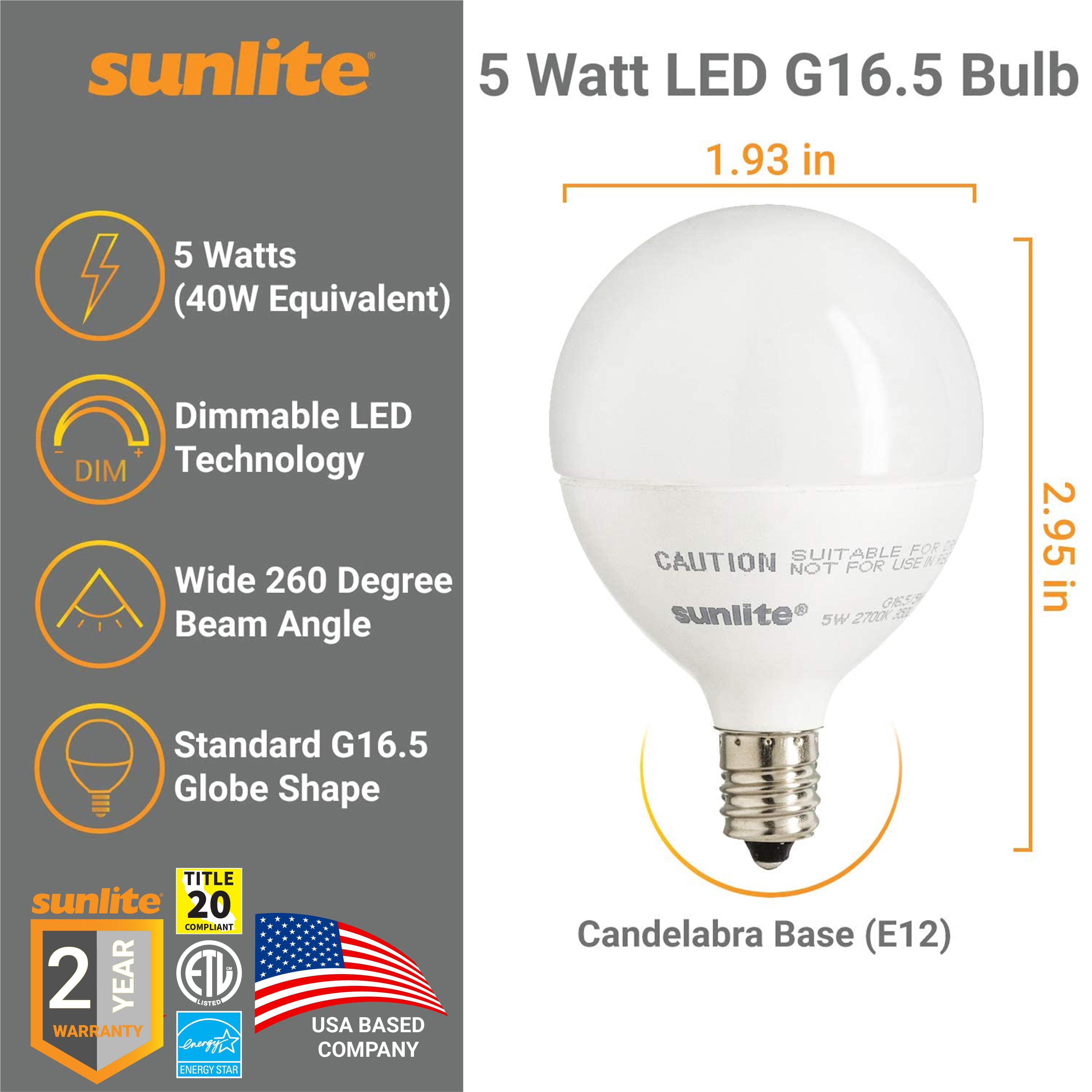 Sunlite LED G16.5 Light Bulb, 5 Watts (40W Equivalent), Candelabra E12 Base, Dimmable, Frost, ETL Listed, 3000K Warm White, 6-Pack