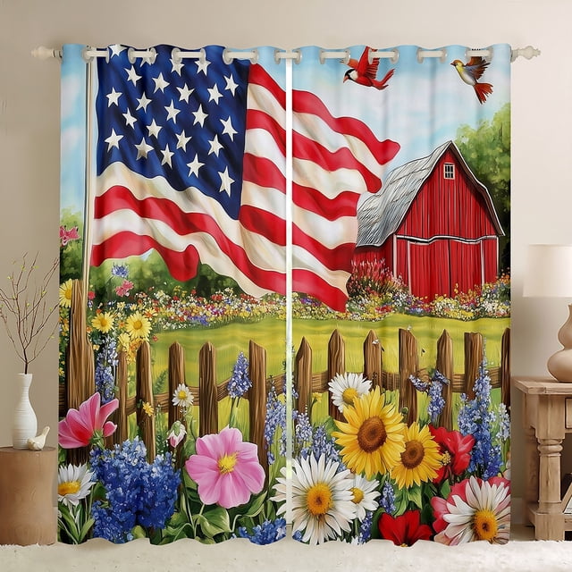 American Flag Windows Drapes Block 30%-50% Light,Rustic Farmhouse Home Decor Curtains for Living Room,Watercolor Flower Window Drapes 38Wx54L Inches Set of 2 Panels
