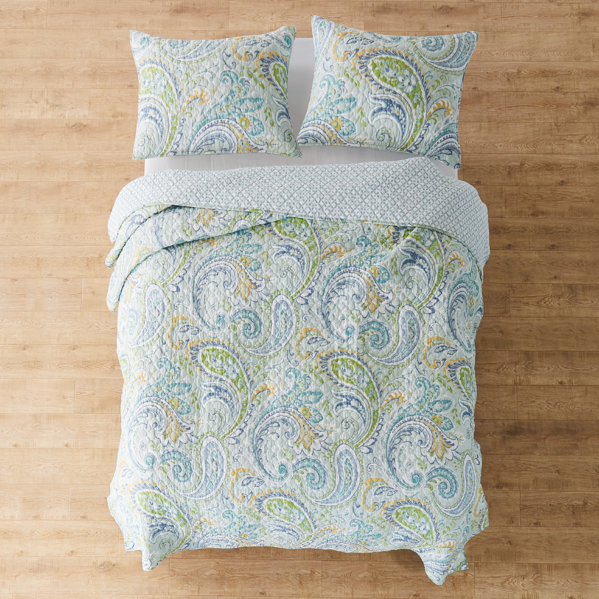 Levtex Home - Cortona Paisley Quilt Set - King Quilt (106x92in.) + Two king Pillow Shams (20x26in.) - Paisley - Green, Yellow, Blue, and White - Reversible - Cotton Fabric
