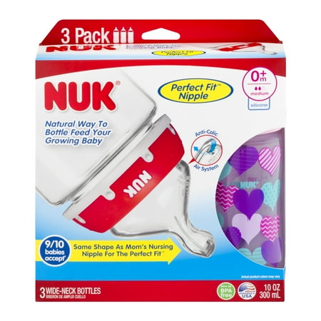 NUK 14073 Hearts Baby Bottle with Perfect Fit Nipple, 10 Ounces, 3 Pack