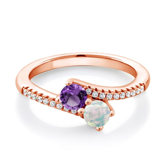 Gem Stone King 18K Rose Gold Plated Silver Purple Amethyst and White Opal Bypass Ring for Women (0.74 Cttw, Gemstone February Birthstone, Round 4MM, Size 5)