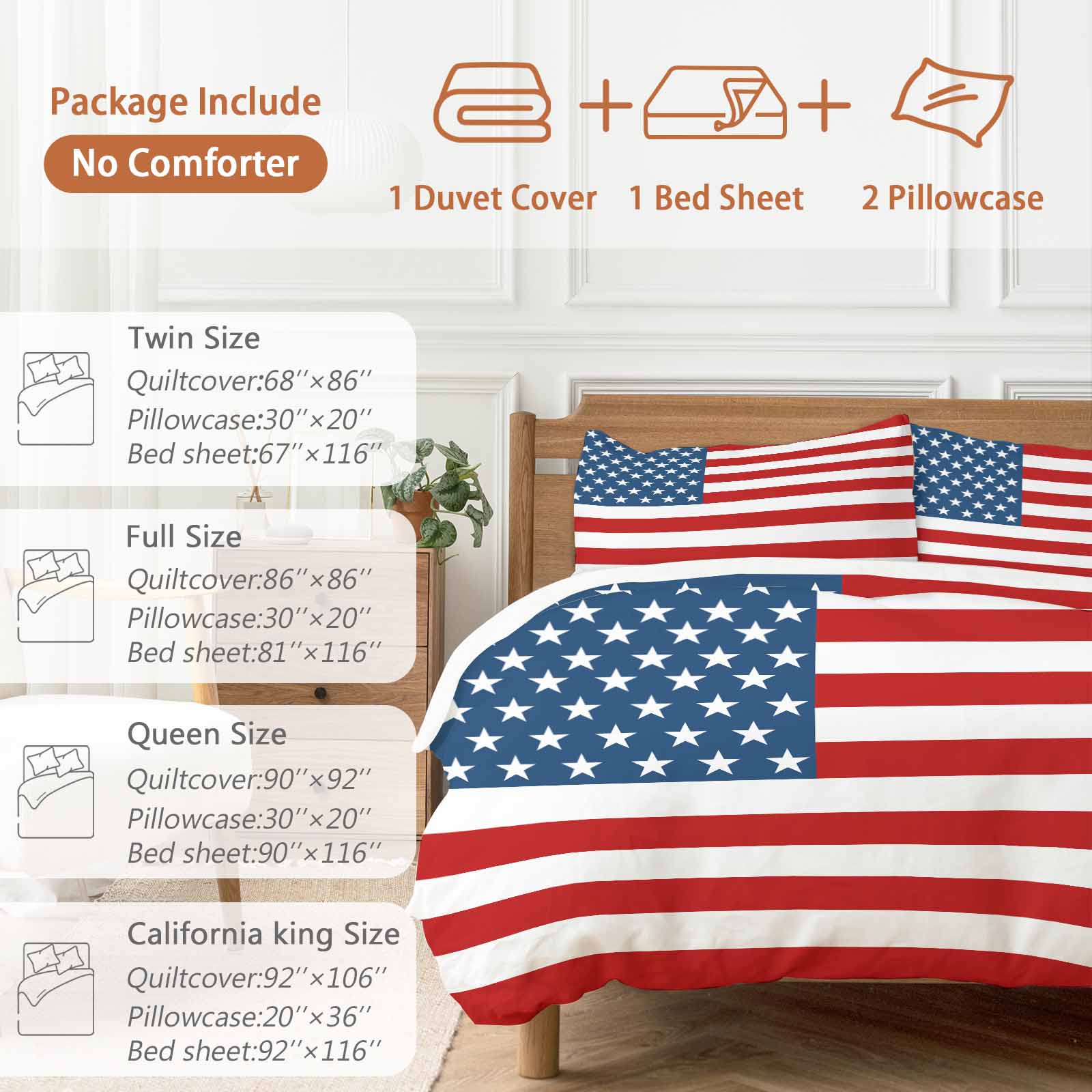 American Flag Duvet Cover Set, Blue Red USA Flag Soft Duvet Cover Full Size Bedding Set 4 Pieces, 1 Quiltcover and 2 Pillowcases with Zipper, 1 Bed Sheet for All Seasons