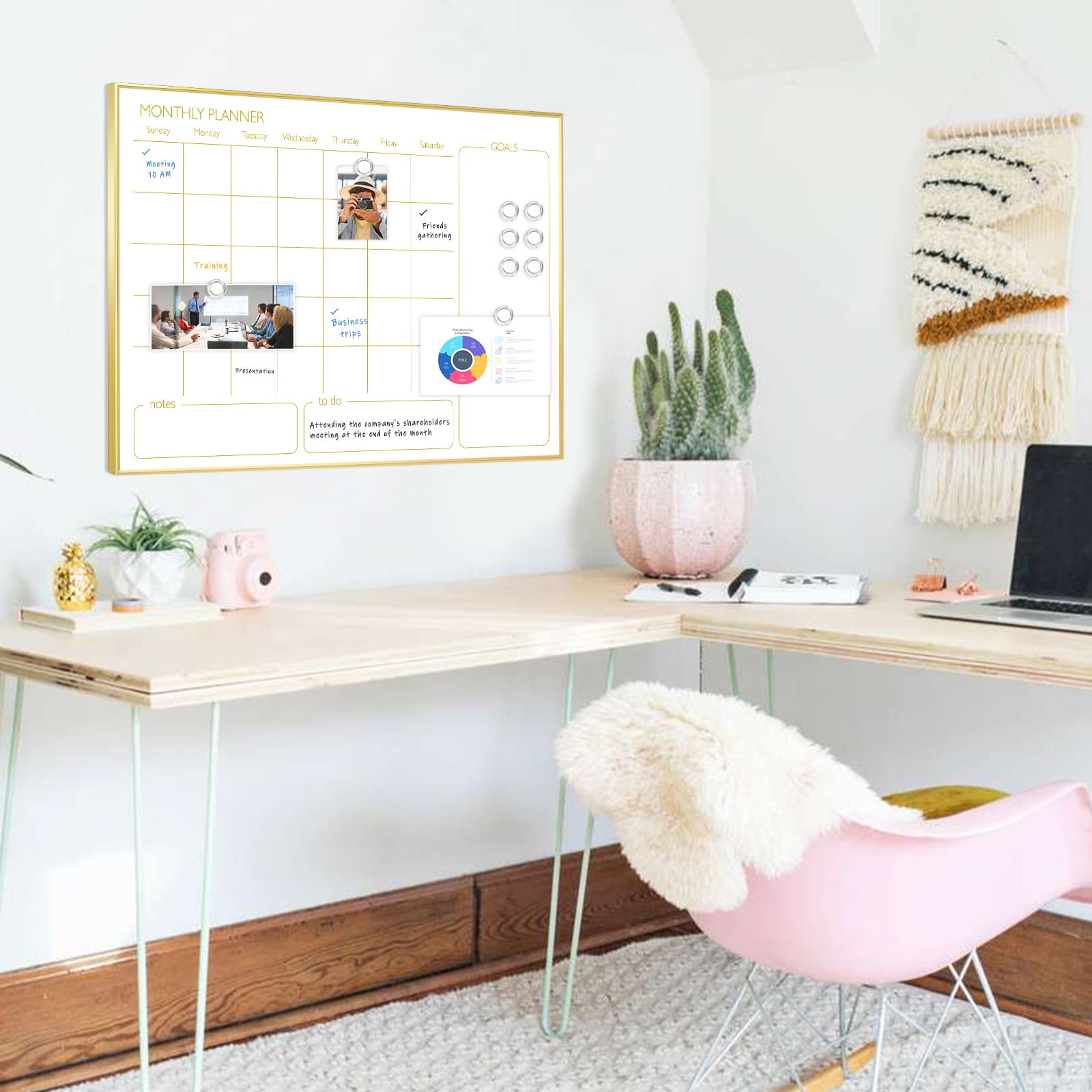 Monthly Calendar Whiteboard, 36"x24" Magnetic Dry Erase Calendar with Gold Frame, Wall Hanging Planner for Home, Office