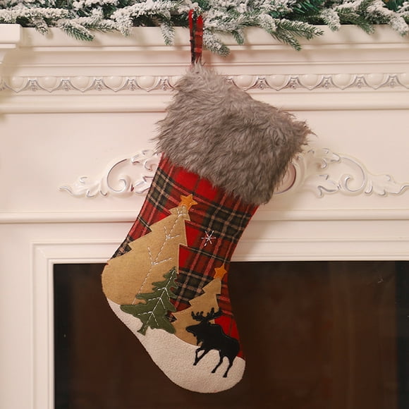 Christmas Stocking 18'' 3D with Plaid Snowflake Plh Faux Fur Cuff Christmas Decorations and Party Decorations Style 1