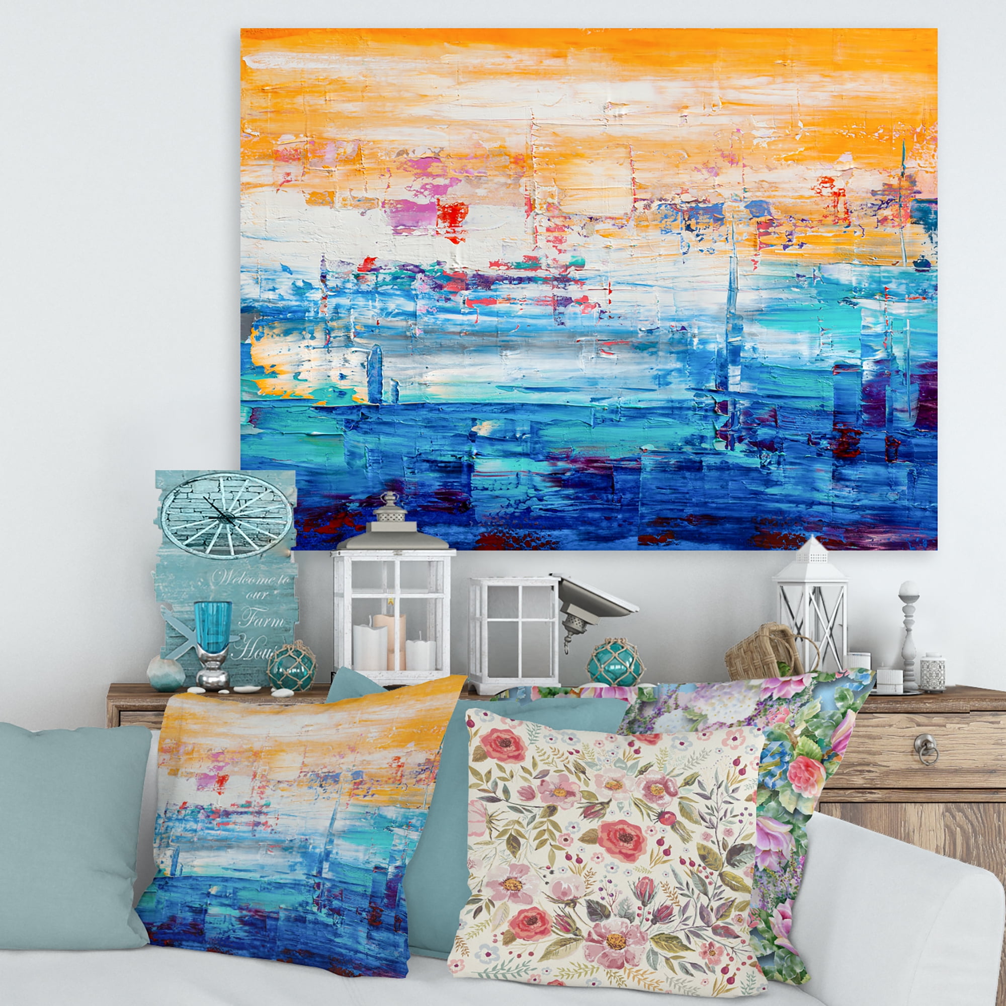 Designart ' Blue Meet Orange Abstract ' Modern Canvas Wall Art Print