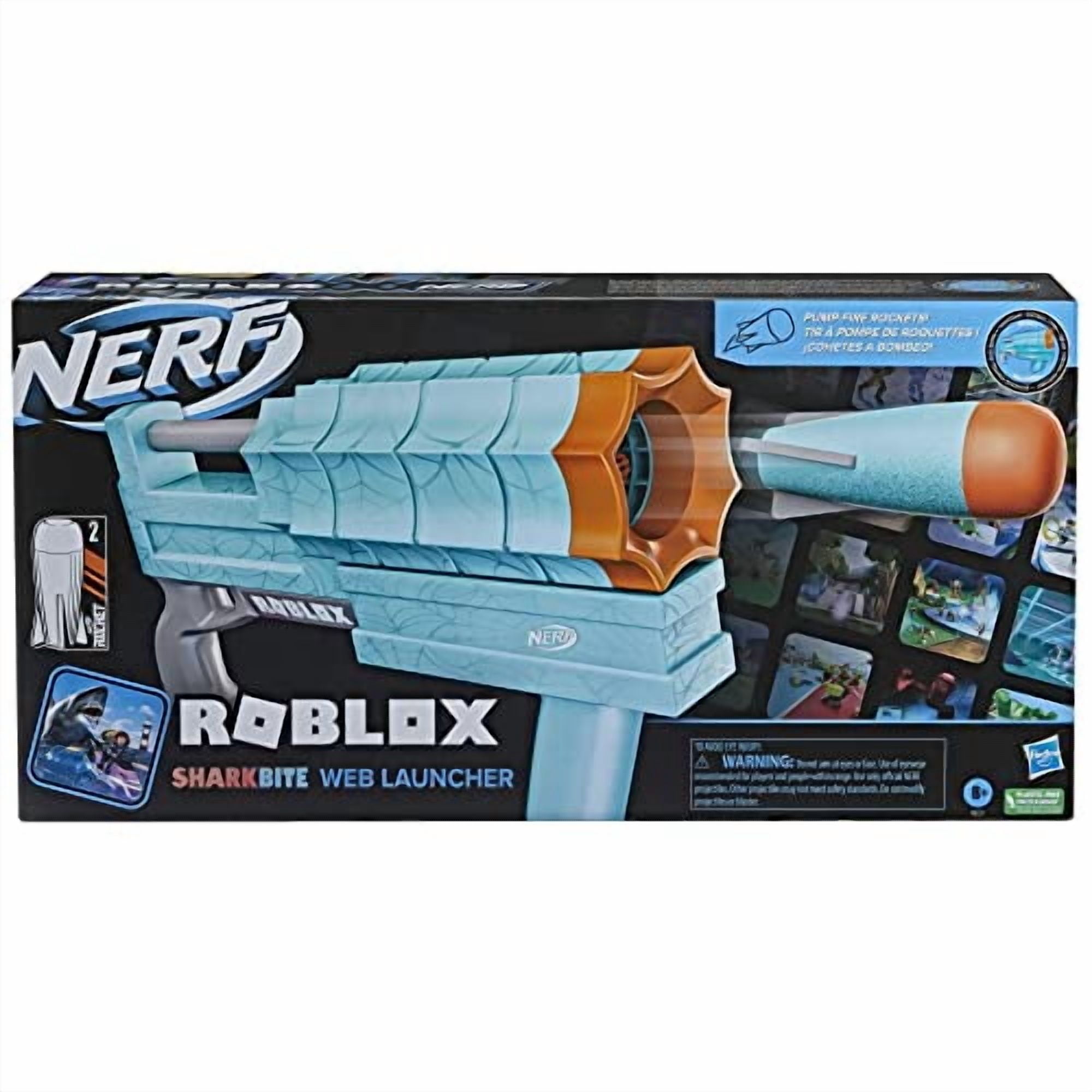 Nerf Roblox SharkBite Web Launcher Dart Blaster, Includes Code to Redeem Exclusive Virtual Item, 2 Rockets Kids Toys for Outdoor Summer Games Ages 8 and Up