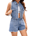 thumbnail image 2 of LYMAYTER Casual Denim Outfit‌ for Women‌ Relaxed Fit Button Down Shirt Frayed Shorts Set Comfortable Wear, 2 of 9