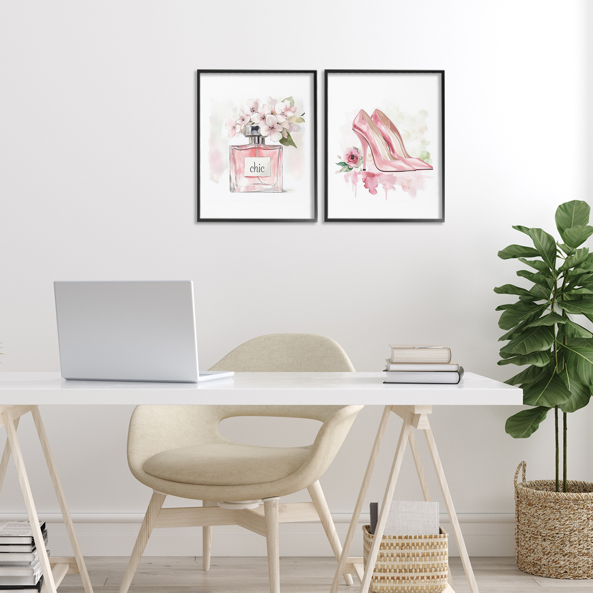 Rosy Pastel Perfume & Heels 2 Piece Black Framed Giclee Art Set, design by Christine Simpson Art
