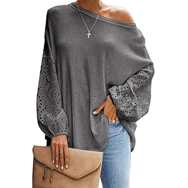 Camiseta Ahueca Hacia Fuera Manga Larga Cuello oblicuo Color Puro Tops De Un Hombro para Mujer Gris L
