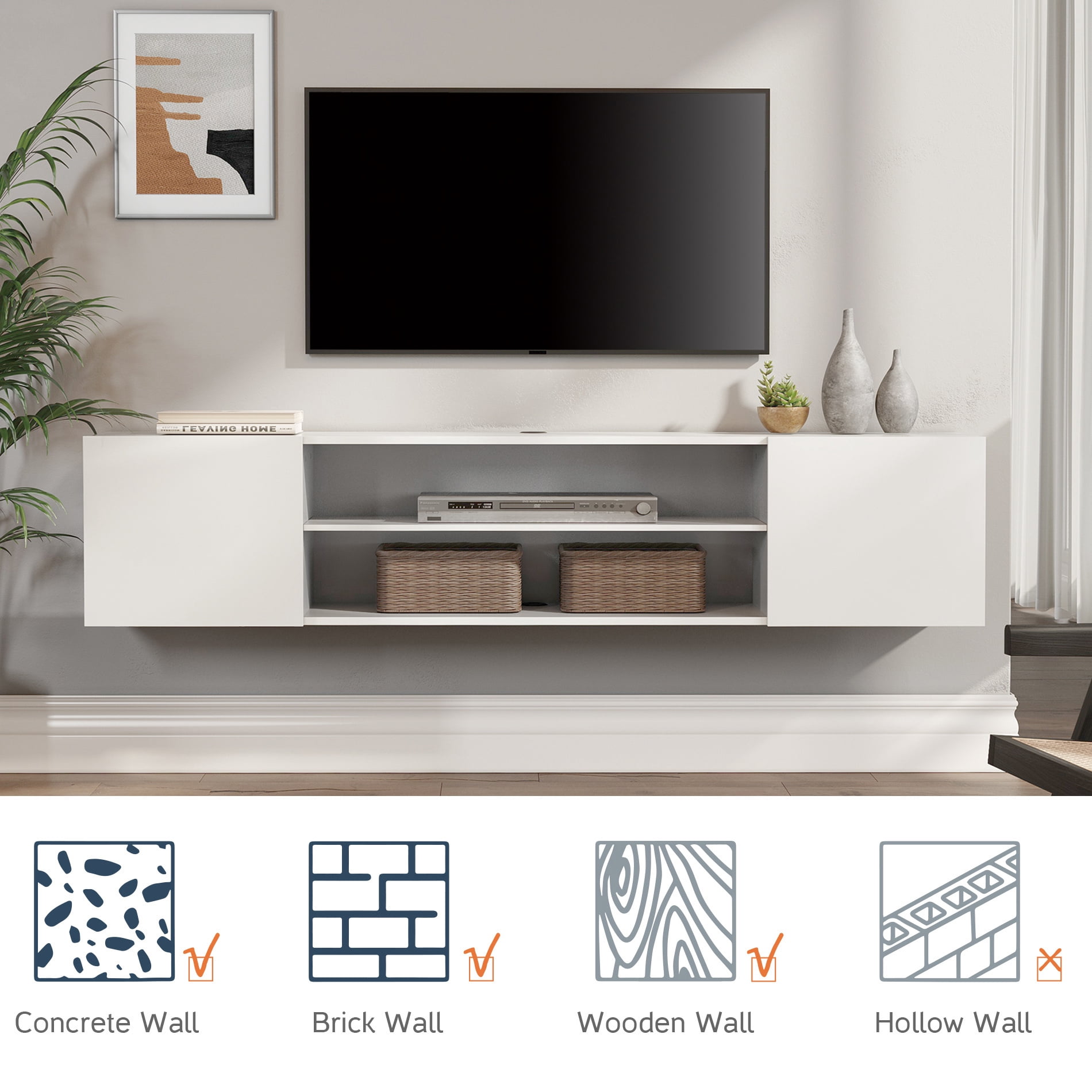 Fireplace Floating TV Stand with Side Storage and Blue Light for TVs up to 80inch