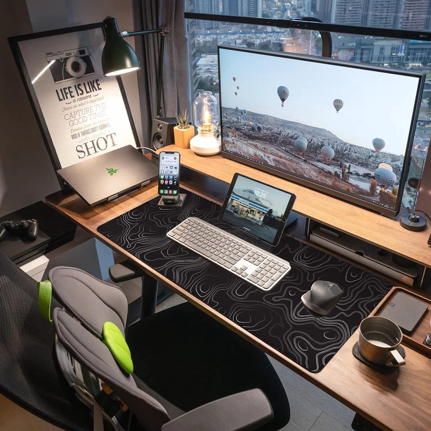 Topographic Map Large Mouse Pad XL Gaming Mouse Pad Extended Geographic Mousepad with Stitched Edges Keyboard Mouse Mat 3mm for Home Office 31.5 x 11.8 Inch, Black Map