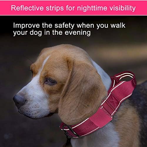 Reflective Dog Collar Heavy Duty Tactical with Control Handle and Metal Buckle for Dog Training(Large, Pink)