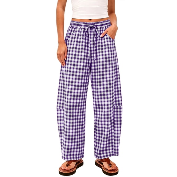 Yyeselk Women Cotton Linen Wide Leg Plaid Pants Casual Barrel Loose Fit Drawstring High Waist Palazzo Harem Pants with Pockets Purple XL