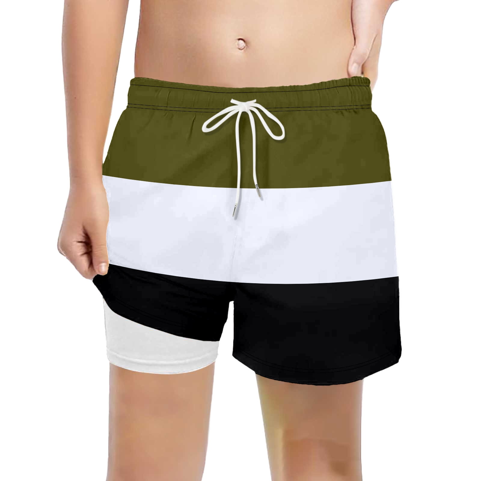 FASHOFT Boys Swim Trunks with Mesh Liner Color Block Comfortable Swimming Shorts Stretchy Quick Dry Kids Board Shorts Dark Green