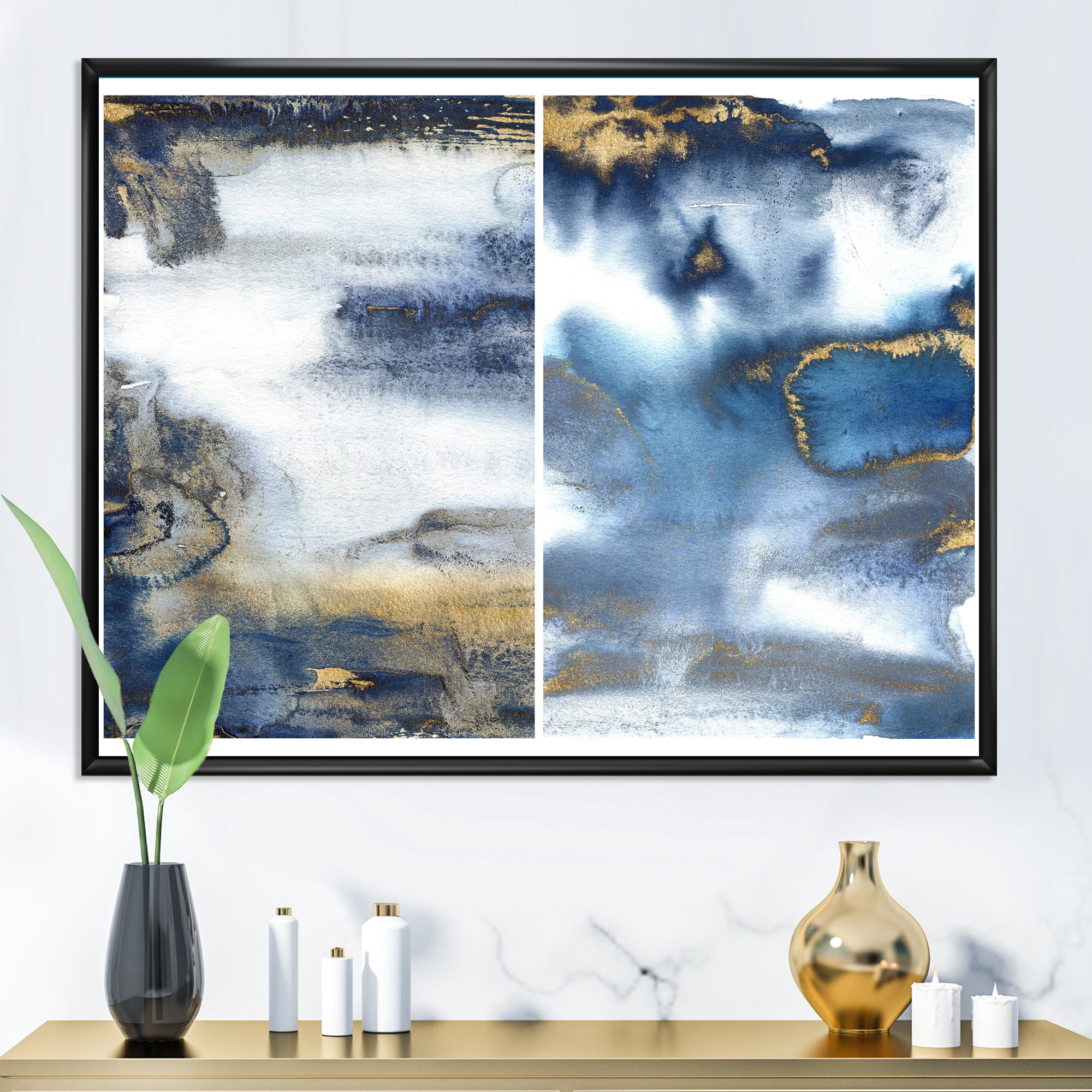 Designart 'Gold and Dark Blue Abstract Waves I' Modern Framed Canvas Wall Art Print