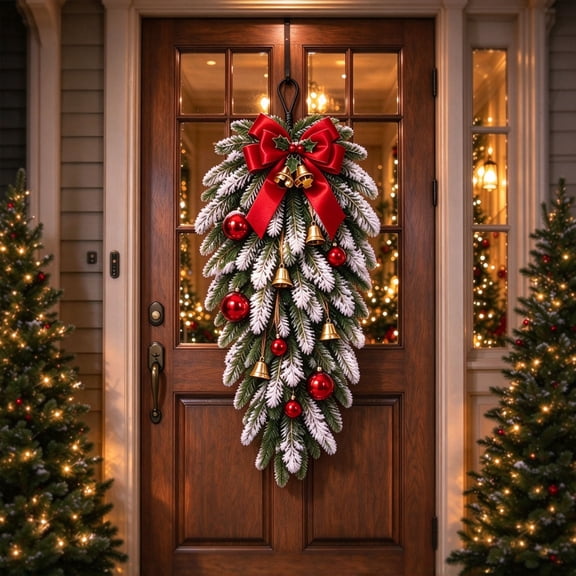 Clearance! 24" Artificial Christmas Teardrop Swag, Faux Pine Needles Teardrop Door Wreath for Christmas Decorations Outdoor