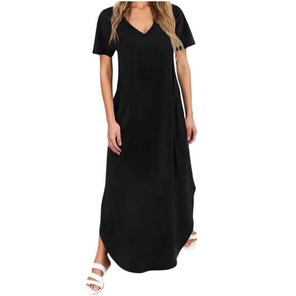 Admvng Women's Dresses Short Sleeve V Neck Pocket Stretchy Casual Dress