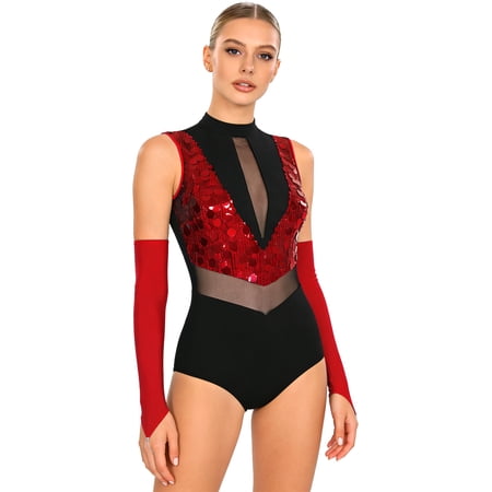SiiRoh Women Sequins Gymnastics Dance Leotard with Gloves Sparkly Figure Skating Bodysuit Dress Red XXL