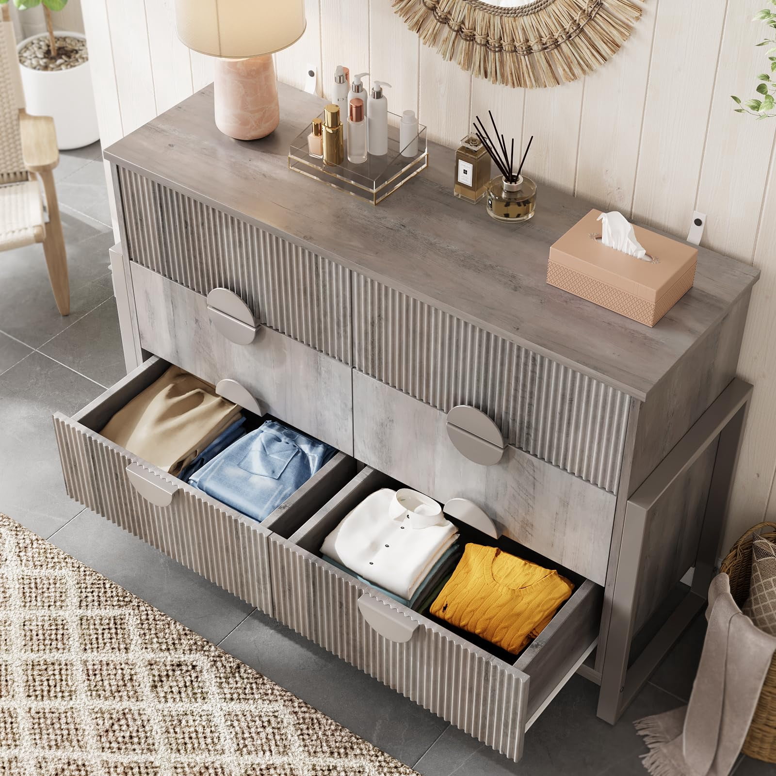 Gray 6 Drawer Dresser for Bedroom, Modern Wide Chest Of Drawers Wood Storage Cabinet for Living Room