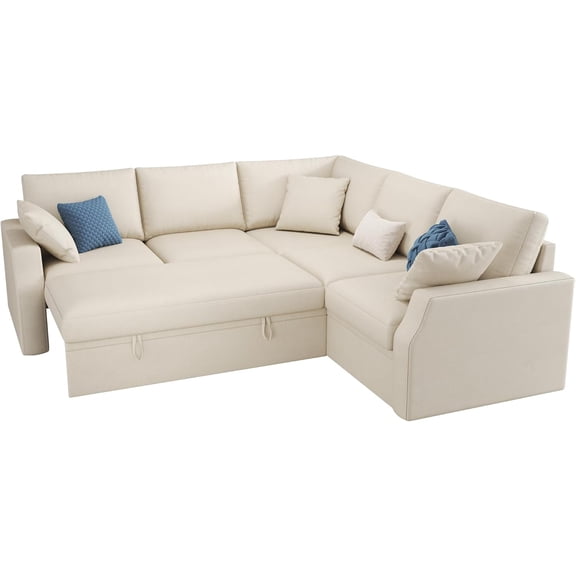 VANACC Sofa Bed, 85 Inch Sleeper Sofa with Pull Out Sofa Bed, L Shaped Couch with Storage Seat, Sectional Couches for Living Room Apartment, Beige Linen Sofa Couch
