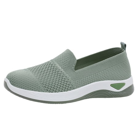 Linfrsh Womens Slip On Sneakers Walking Shoes Breathe Mesh Flats Comfortable Lightweight Loafer Shoes Knit Round Toe Casual Shoes Beige 8.5