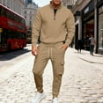 thumbnail image 3 of Men's Winter 2-Piece Set, Quarter-Zip Stand Collar Fleece Sweatshirt with Multi Pockets and Cargo Jogger Pants, Casual Workwear For Cold Weather,Camel,M, 3 of 8