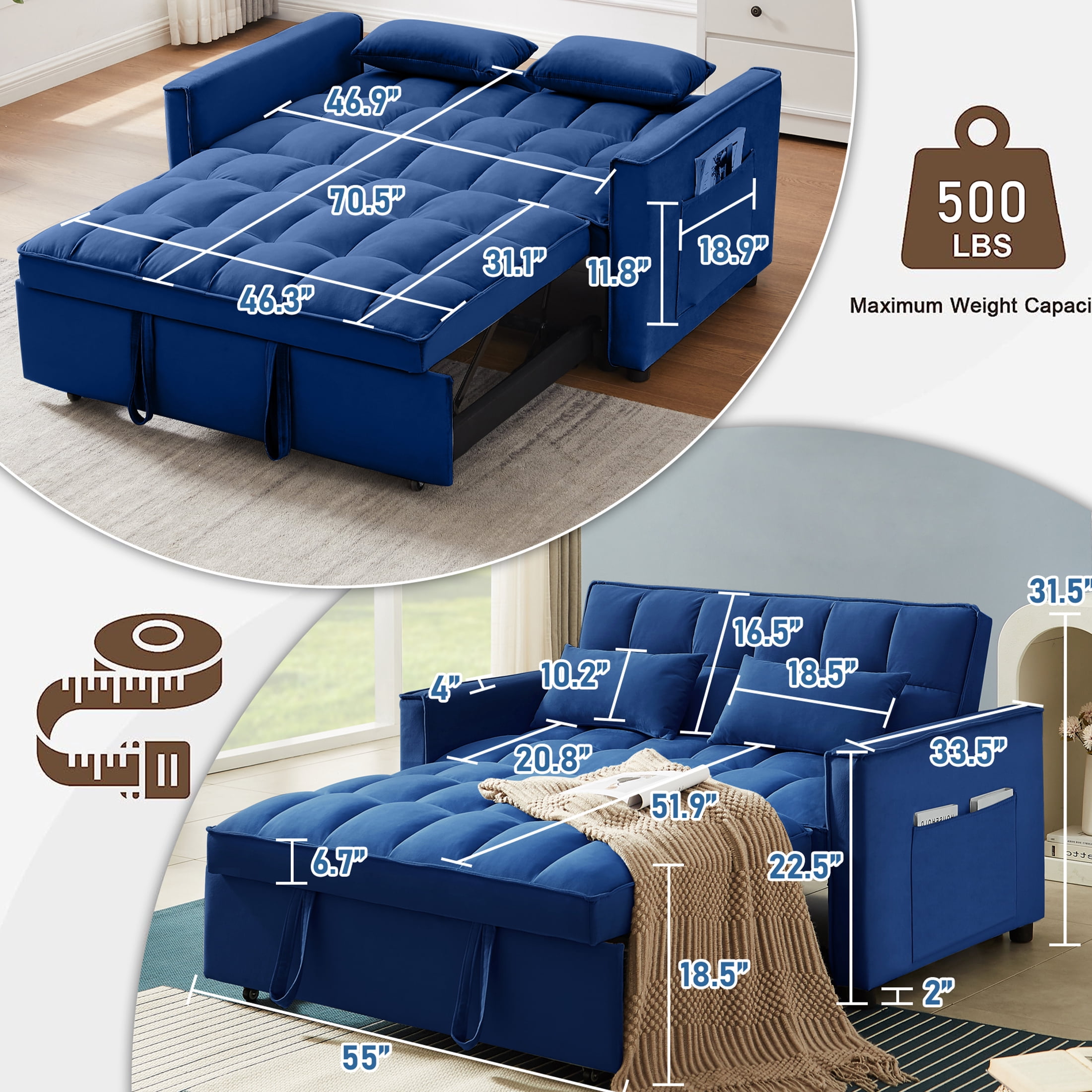 DEALTOPS Loveseat Convertible Pull Out Sleeper Sofa Bed, Blue