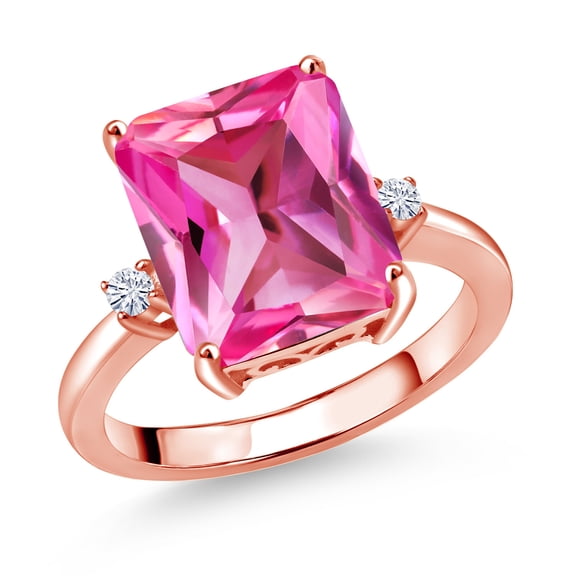 Gem Stone King 18K Rose Gold Plated Silver 12X10MM Pink Created Sapphire and 2MM White Moissanite 3 Stone Engagement Ring for Women | 6.68 Cttw | Gemstone September Birthstone | Size 5