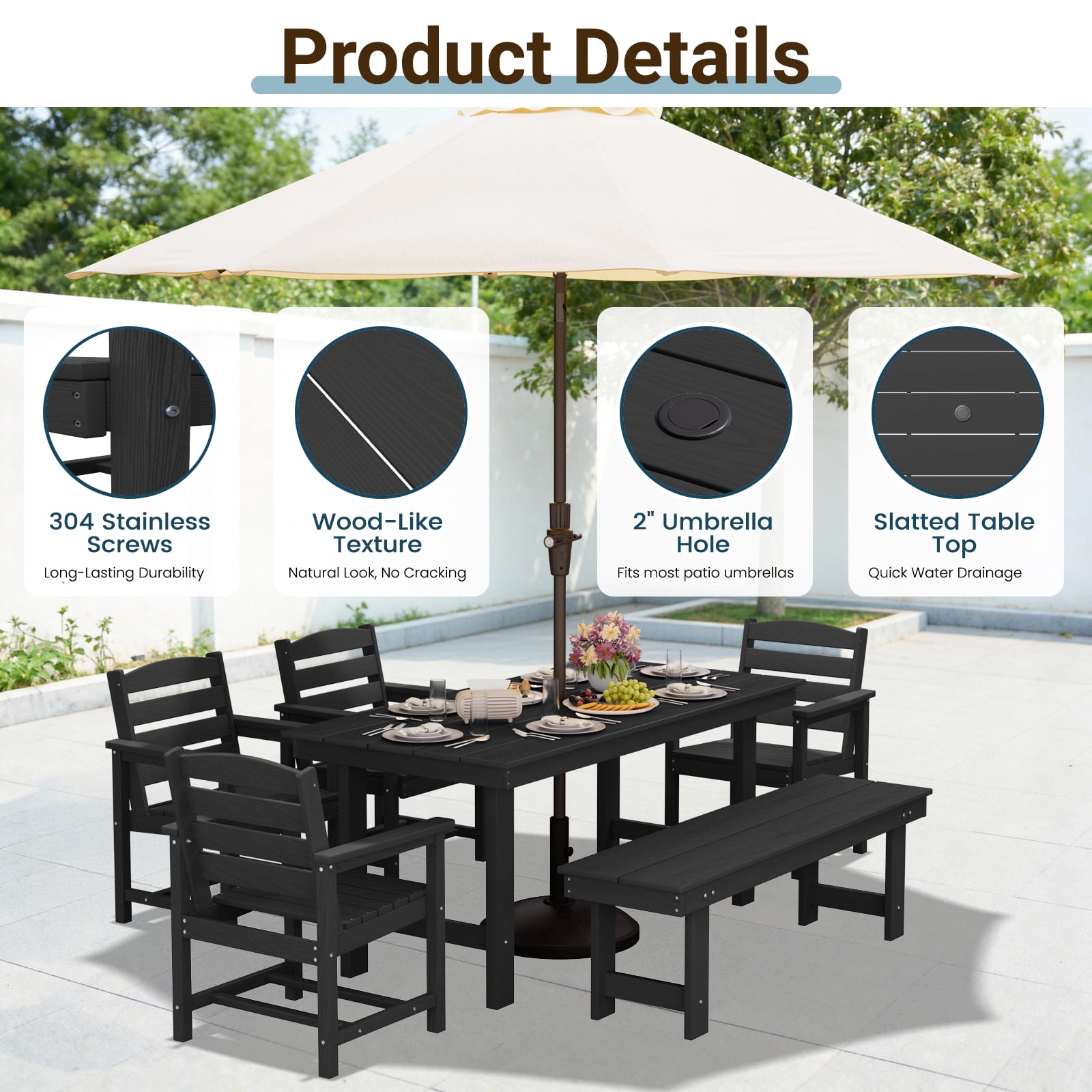 LOYALICE 6 Pieces Patio Furniture Set, HDPE Outdoor Dining Table Set with 1 Bench, 4 Chairs, Durable and Weather-Resistant for Patio, Garden and Balcony Use, Black