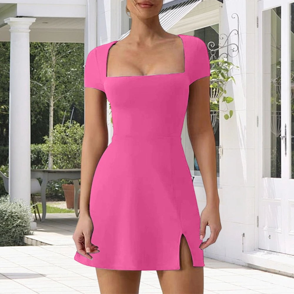 adaychics Womens Tennis Dress Square Neck Split Casual Short Sleeve Slim Fit Mini Dress Athletic Clothes for Running