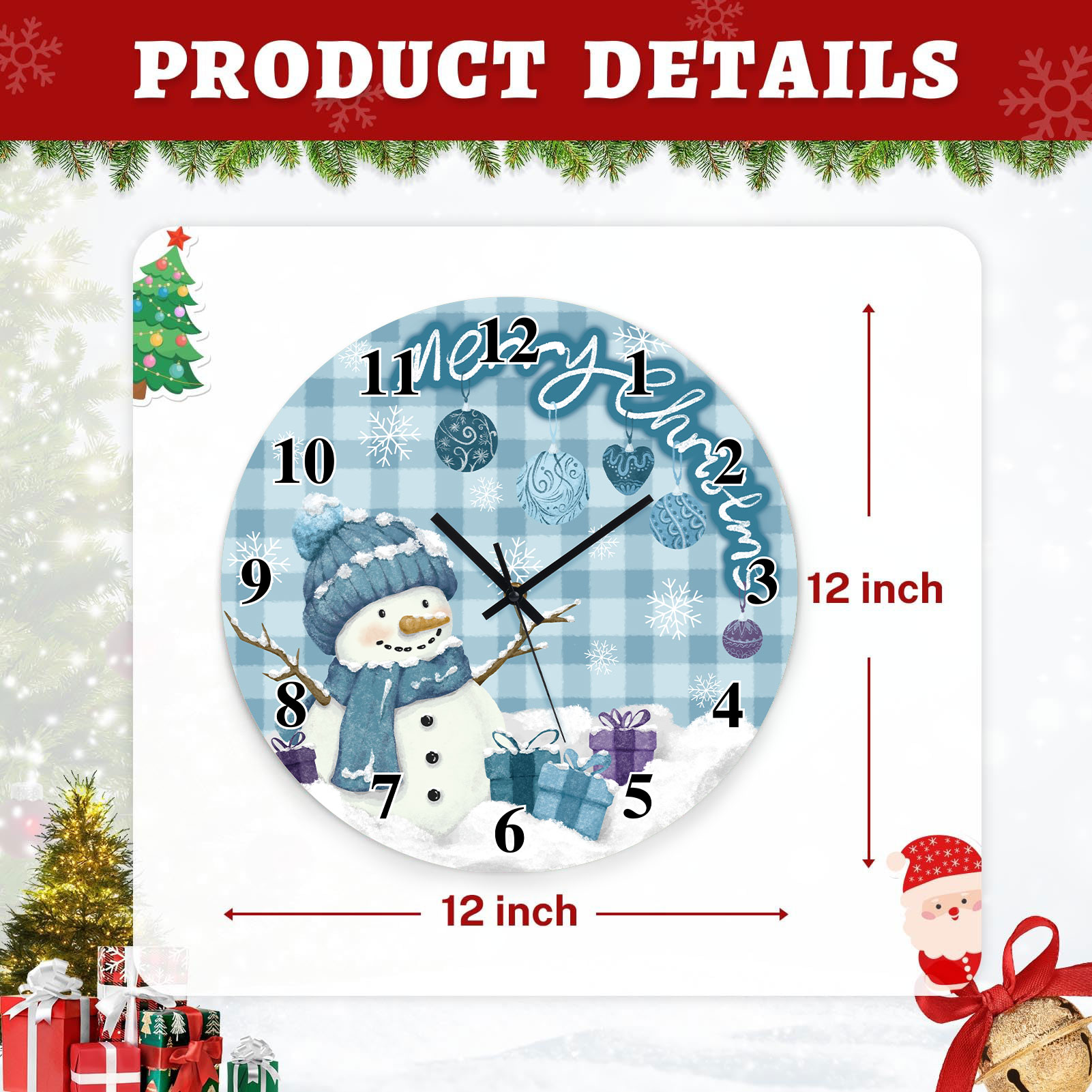 Sanmadrola Christmas Decoration Wall Clock Home Indoor Decor Silent Non Ticking Wooden 12'' Snowman