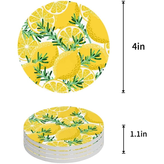 FMSHPON Lemon Set of 4 Round Coaster for Drinks, Absorbent Ceramic Stone Coasters Cup Mat with Cork Base for Home Kitchen Room Coffee Table Bar Decor