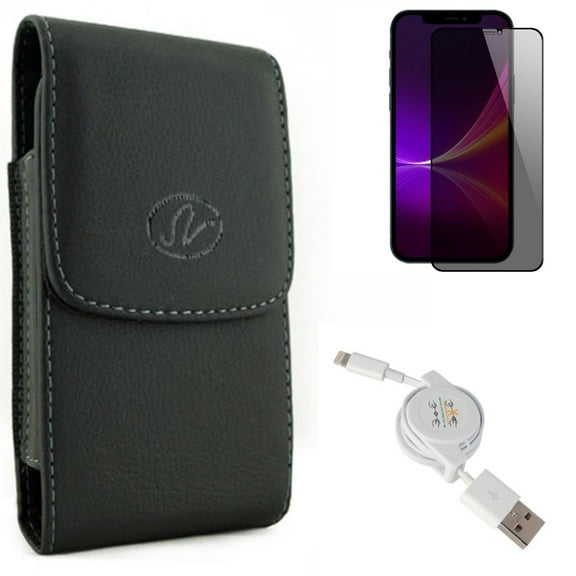 Case Belt Clip & Privacy Screen Protector & USB Cable for iPhone 13 Pro Max ONLY - Leather Holster Cover   Tempered Glass Curved Anti-Spy   Retractable Charger Power Combo