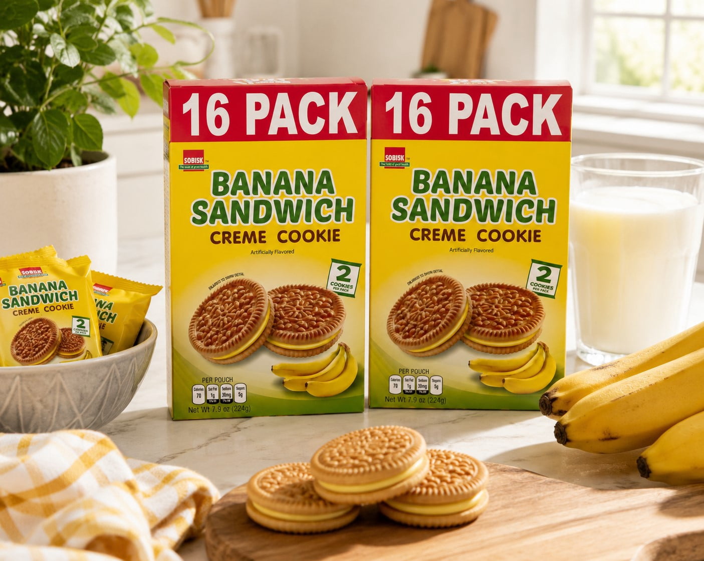 Sobisk Banana Sandwich Creme Cookies, 16 Snack Packs, 2 Cookies Per Pack, Artificially Flavored, 7.9 oz (Pack of 2)