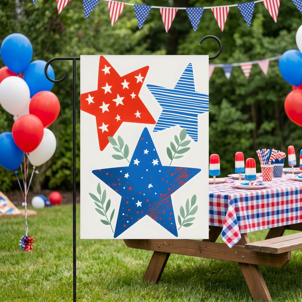 americana garden flag Three red white and blue stars with green leaves. * july 4th decorations 28x40" Large Yard Flag red white and blue decorations for home