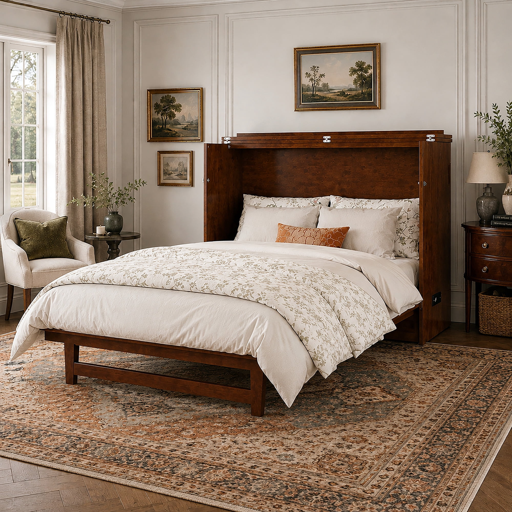 AFI Northfield Queen Solid Wood Murphy Bed Chest with Mattress, Drawer & Charger, Walnut