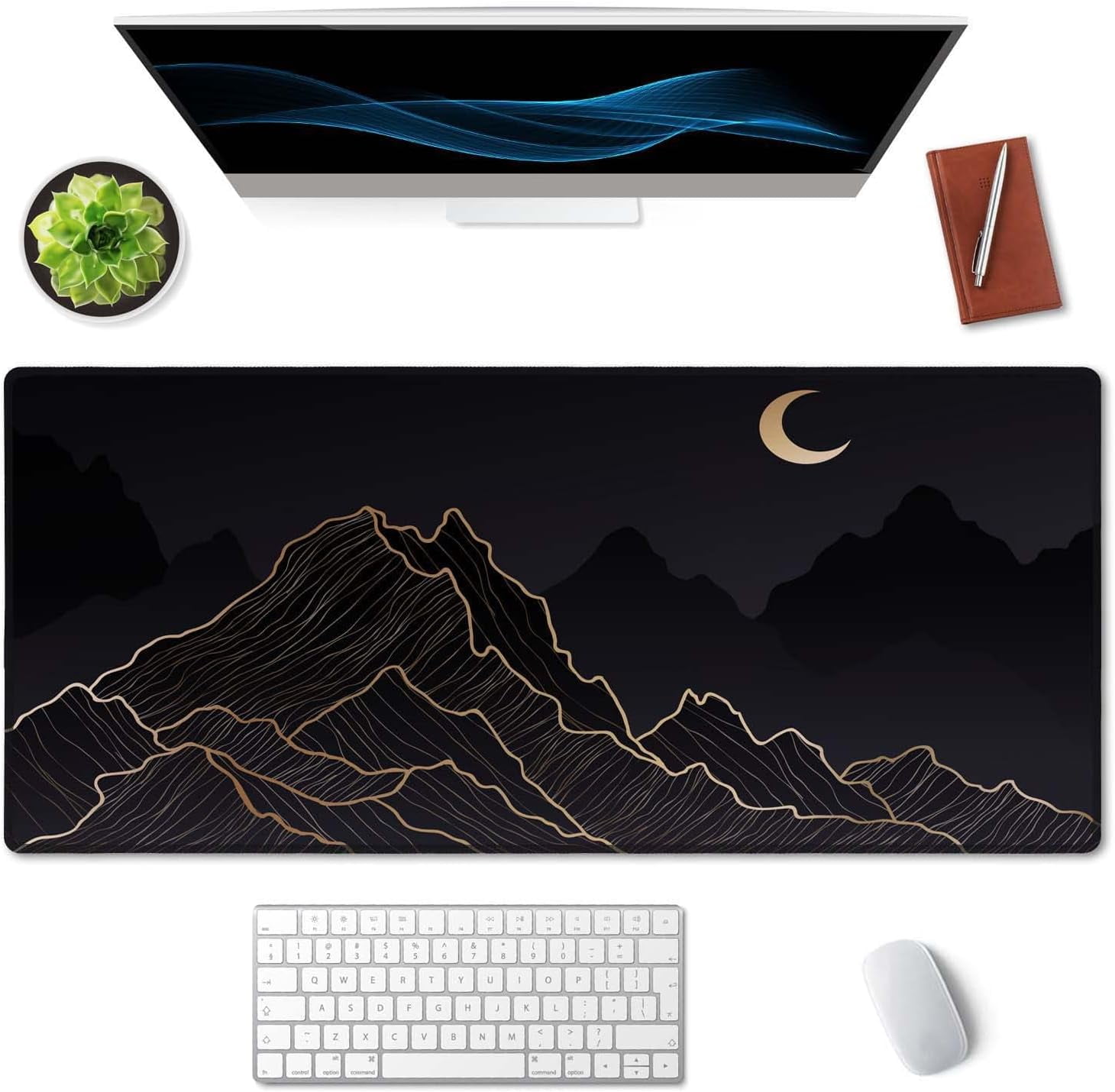 Mountain & Moon Landscape Black Desk Mat, Boho Desk Mat, Mountain Desk Mat, Large Mouse Pad, Full Desk XXL Extended Gaming Mouse Pad 35.5" X 15.7", Waterproof Desk Mat Stitched Edges