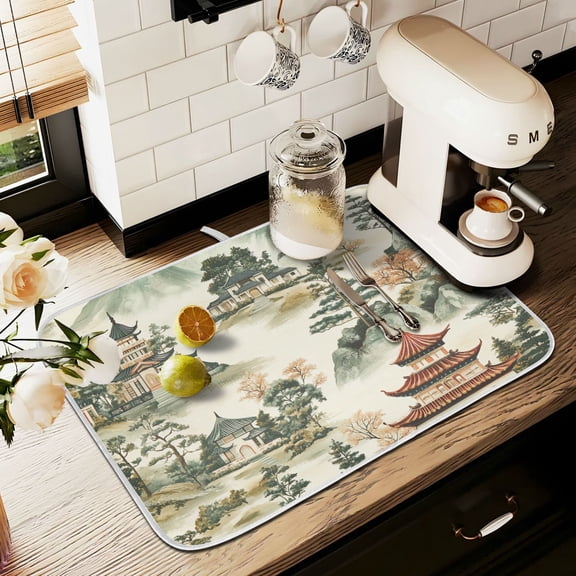 Yayeee Dish Drying Mat for Kitchen Counter 16" x 18" Microfiber Super Absorbent Coffee Decorative Pad, Green Mountain Pattern