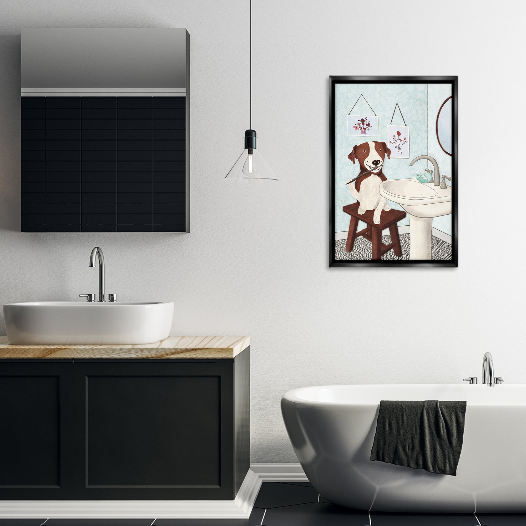 Stupell Industries Dog Brushing Teeth Typography Painting Black Floater Framed Canvas Art Print Wall Art, 21 x 31