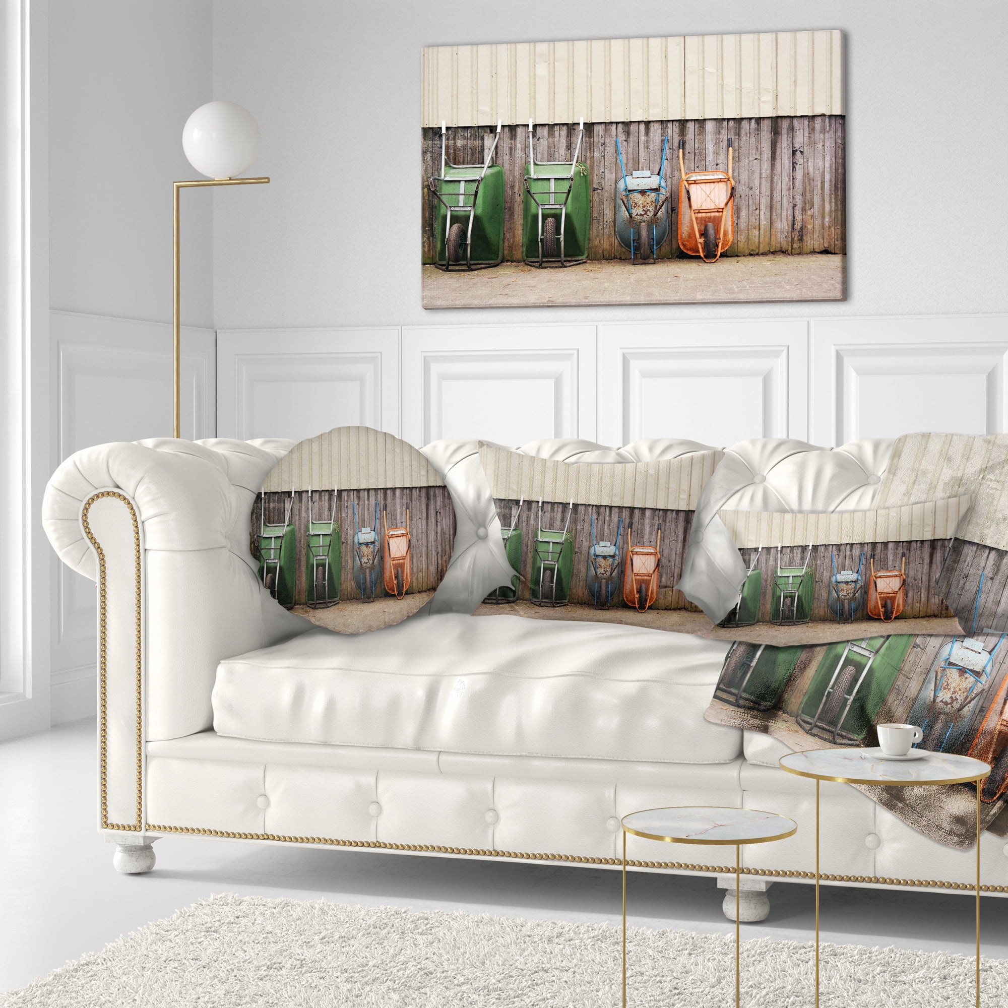 Designart Row of Wheelbarrows - Landscape Photo Throw Pillow - 12x20