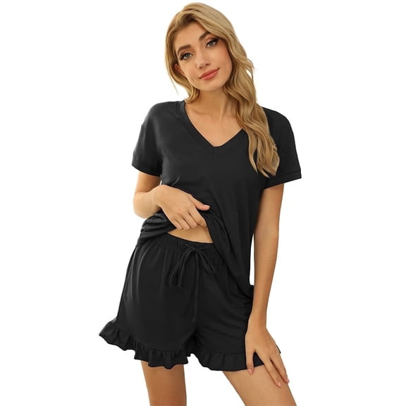 FIOPHY Summer 2 Piece Sets for Women Lounge Pajama Outfits Short Sleeve Tops and Ruffles High Waisted Shorts