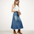thumbnail image 7 of Women's High Waist A-Line Denim Maxi Skirt with Front Patch Pockets and Raw Hem Detail - Small, Blue, 7 of 7