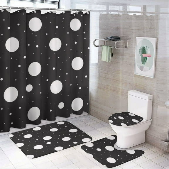 Black And White Polka Dot Pattern Shower Curtain Sets Non-Slip Rugs Bath Mat Toilet Cover U Shaped Mat 4 Pcs