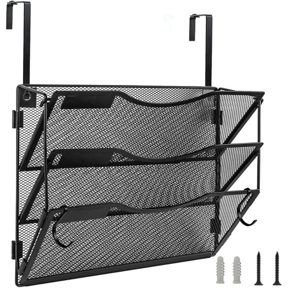 Wall File Organizer 3 Pockets, Mail Organizer, Hanging Folder Holder, Foldable | Hanging or Wall Mounted | Label Panel | 2 Hooks | Office Home School Organizer, Black