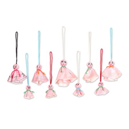 NOVICA Embroidered viscose ornaments, 'Pink Chekutty Dolls' (set of 9)