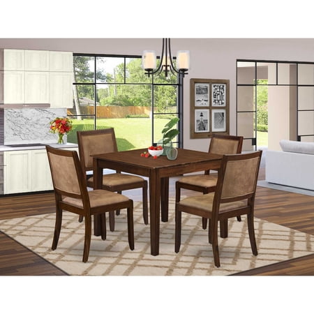 East West Furniture OXX25-AWA-28 5-piece Kitchen Table set consists of a square Kitchen Table and 4 Brown Texture Faux leather stackable Chair Antique Walnut Finish.