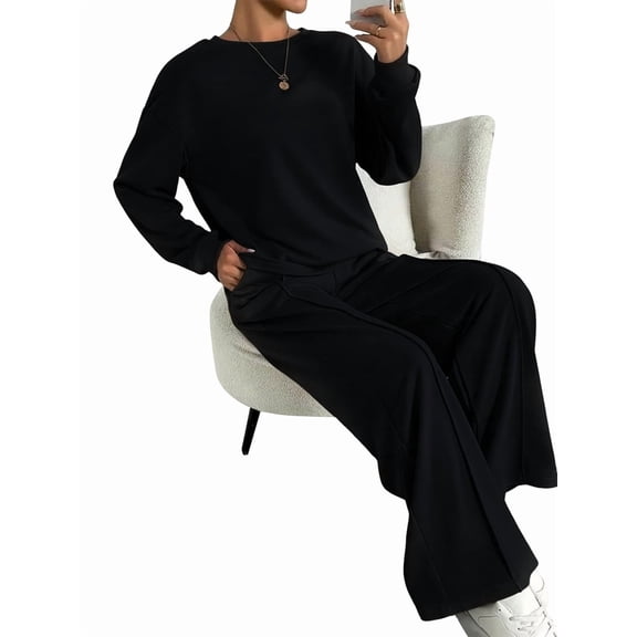 Women Fall Sweatsuits 2 Piece Outfit Lounge Sets Matching Airport Oversized Sweatshirt Sweatpants Tracksuit Black S